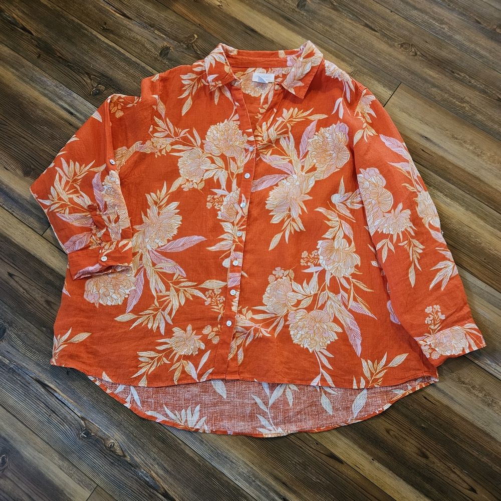 Cynthia Rowley Vibrant Orange Floral Linen Top